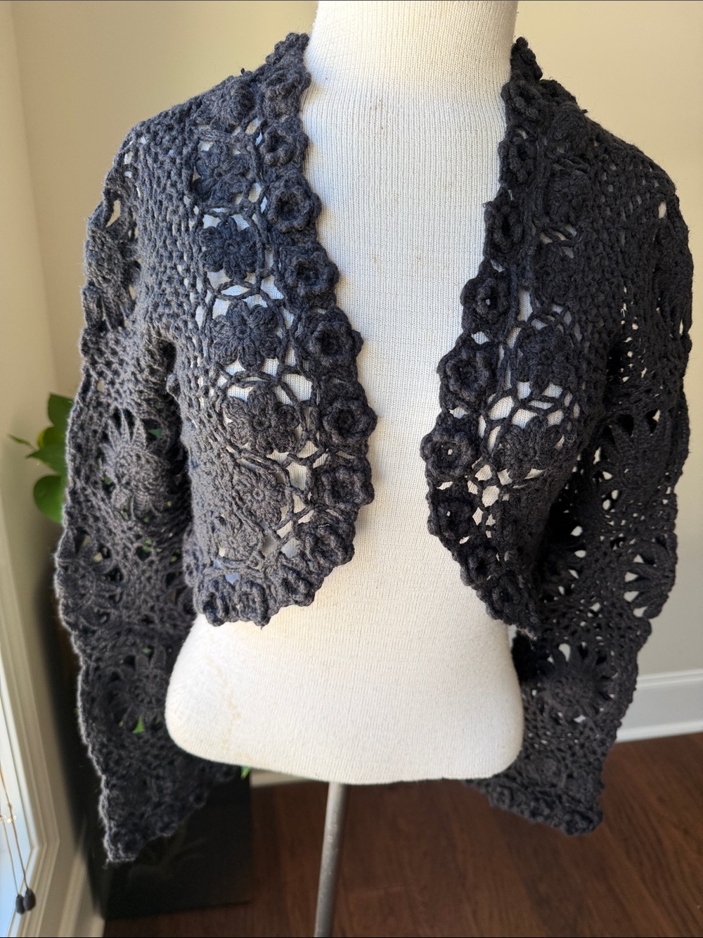Hand Crafted Charcoal Gray Crochet Floral-Trim Shrug